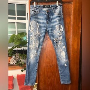 Philipp Plein Straight Supreme Bejeweled Distressed Blingy Jeans Size 25